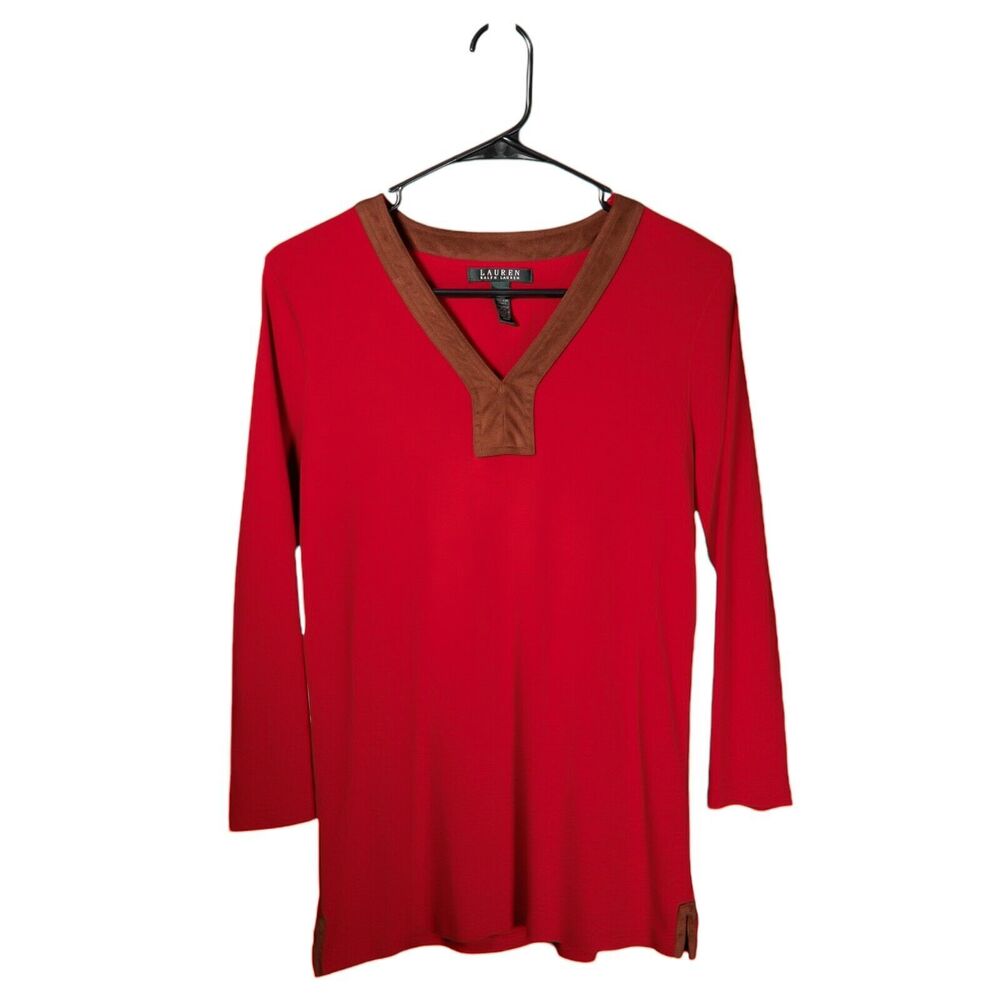 Ralph Lauren Women's Blouse Red Brown V-Neck Faux Suede Long Sleeve Knit Top M